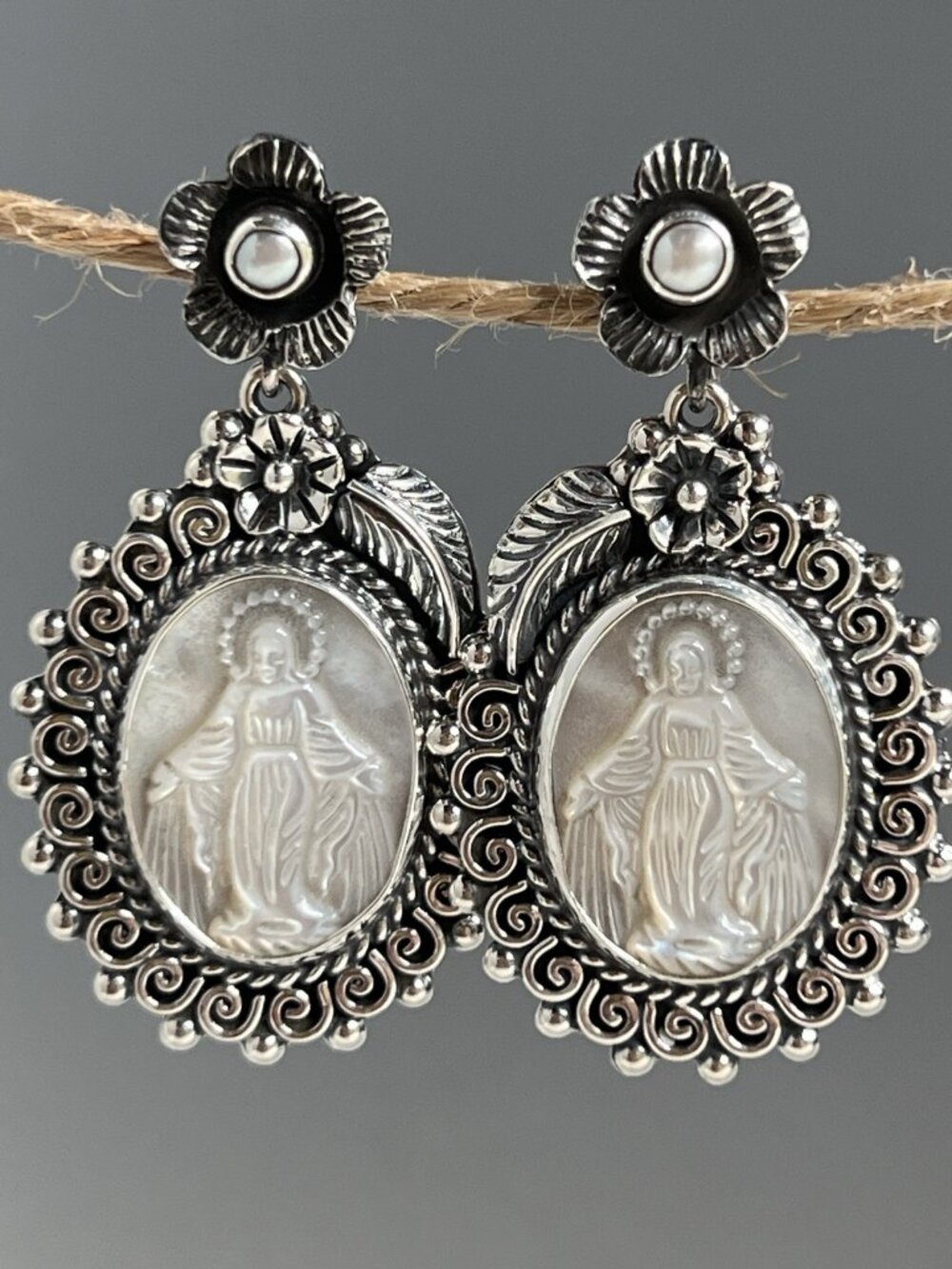 Escorcia 925 Sterling Silver Virgin Mary Mother-of-Pearl Dangle Earrings